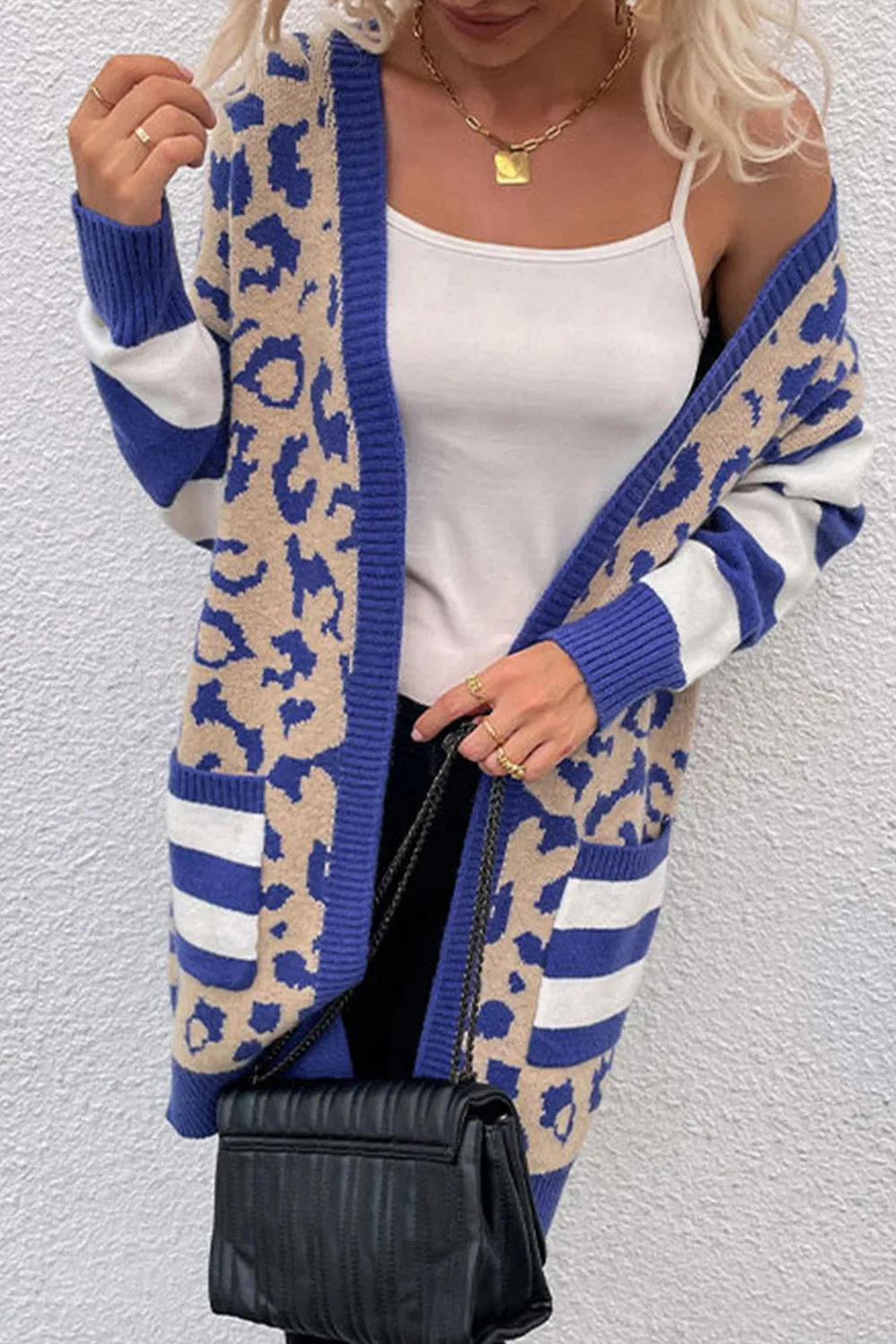 Dark Blue Stripe Sleeve Leopard Print Open Front Cardigan With Pockets sold by Beagle Boutique product image thumbnail 3