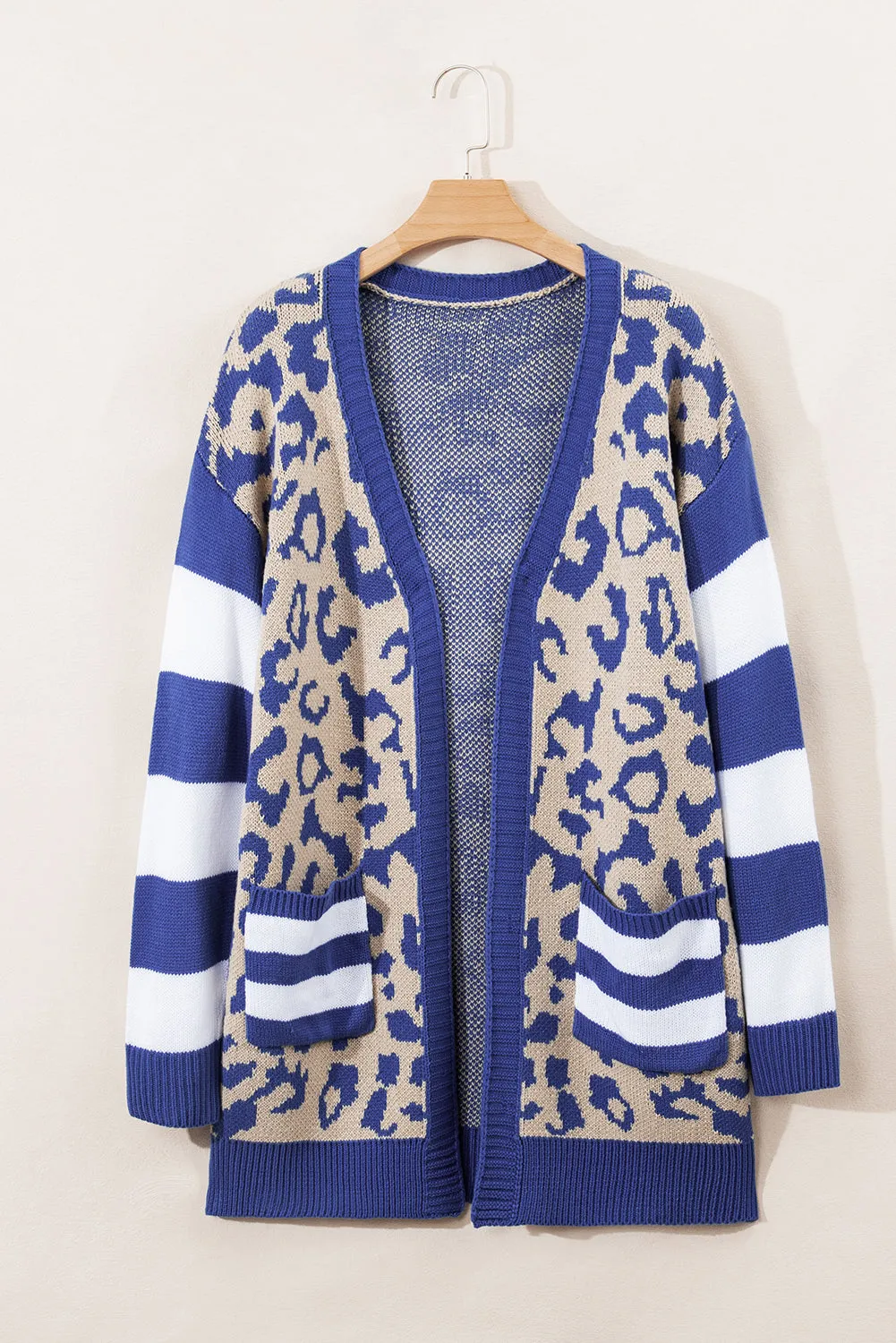Dark Blue Stripe Sleeve Leopard Print Open Front Cardigan With Pockets sold by Beagle Boutique product image thumbnail 5