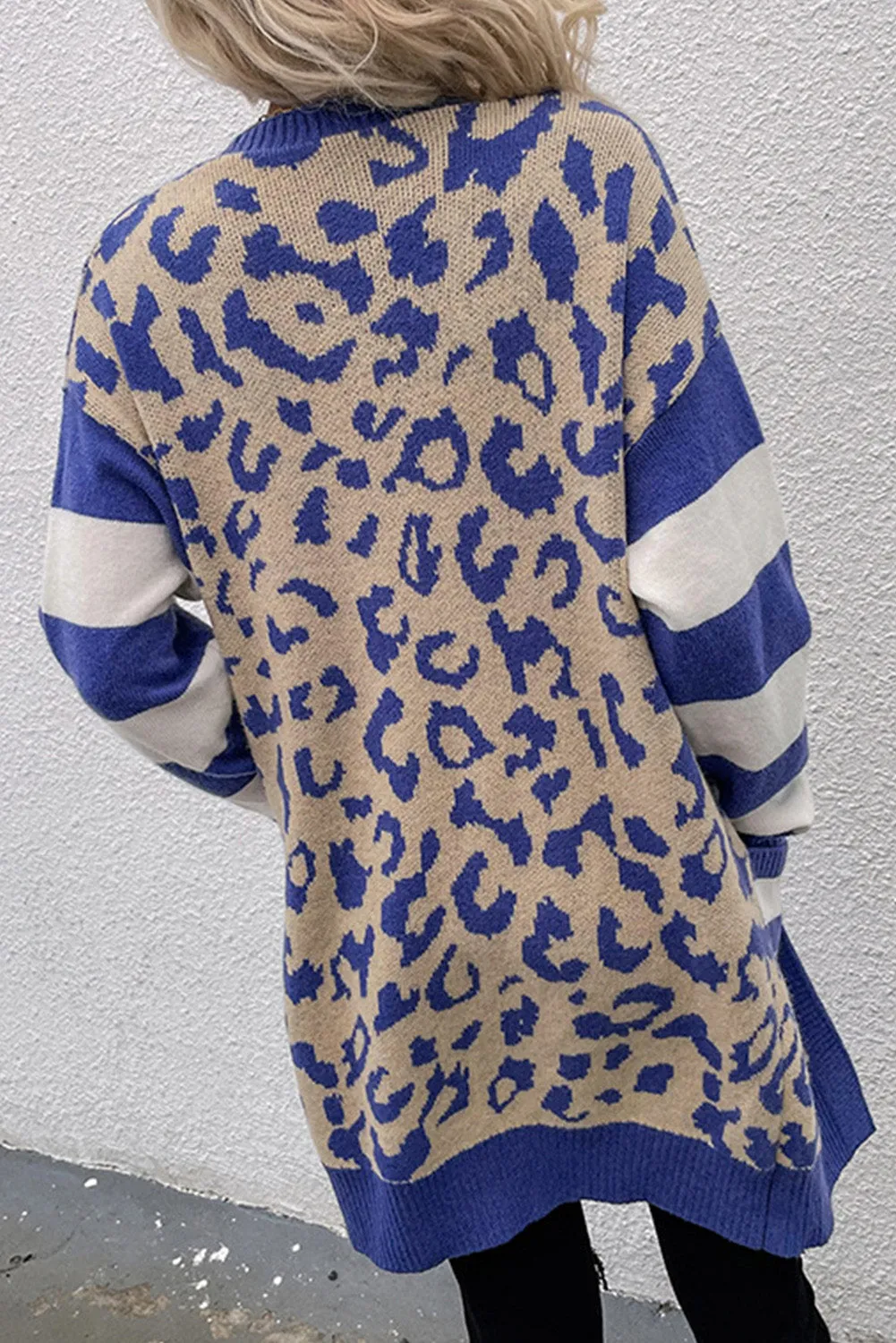 Dark Blue Stripe Sleeve Leopard Print Open Front Cardigan With Pockets sold by Beagle Boutique product image thumbnail 2