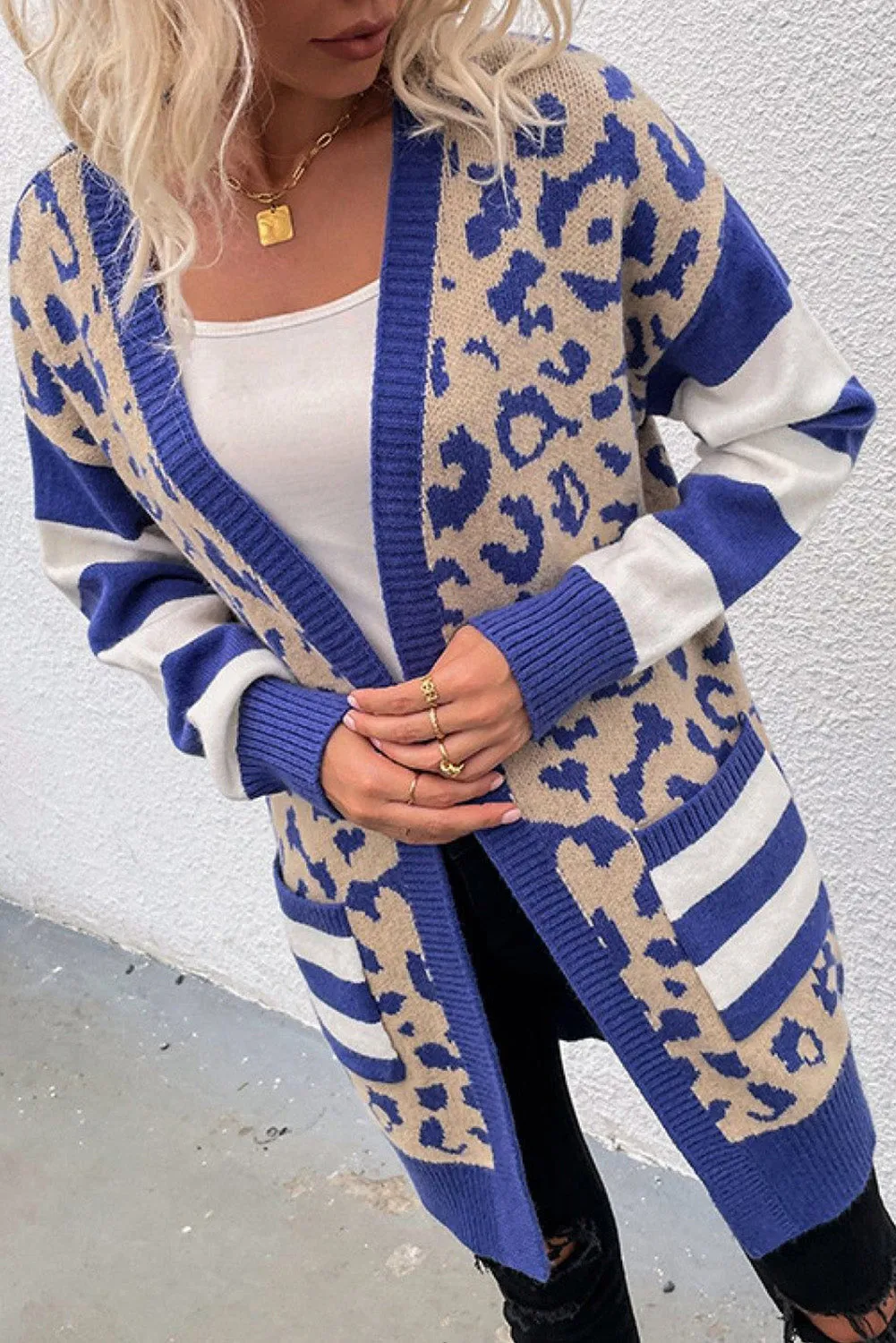 Dark Blue Stripe Sleeve Leopard Print Open Front Cardigan With Pockets sold by Beagle Boutique product image thumbnail 4