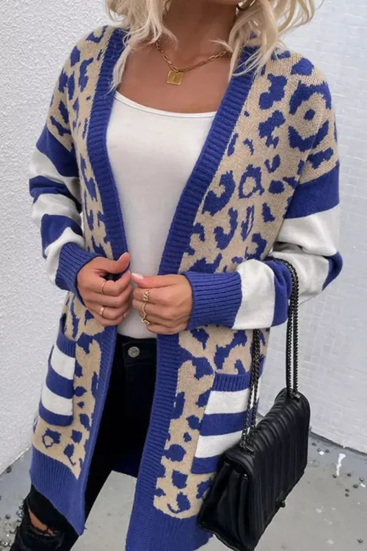 Dark Blue Stripe Sleeve Leopard Print Open Front Cardigan With Pockets sold by Beagle Boutique