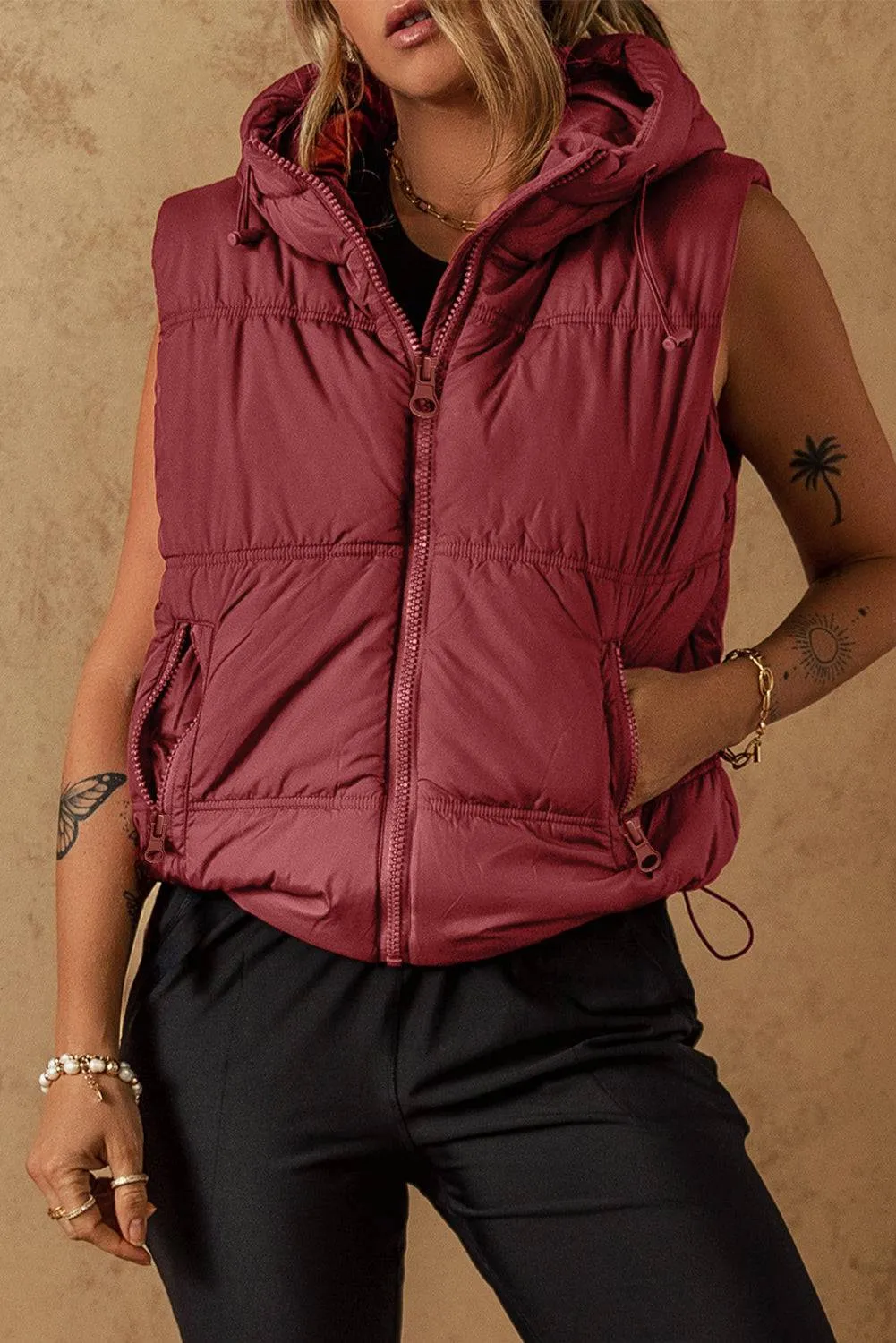 Clay Zip-up Side Pockets Hooded Puffer Vest sold by Beagle Boutique product image thumbnail 5