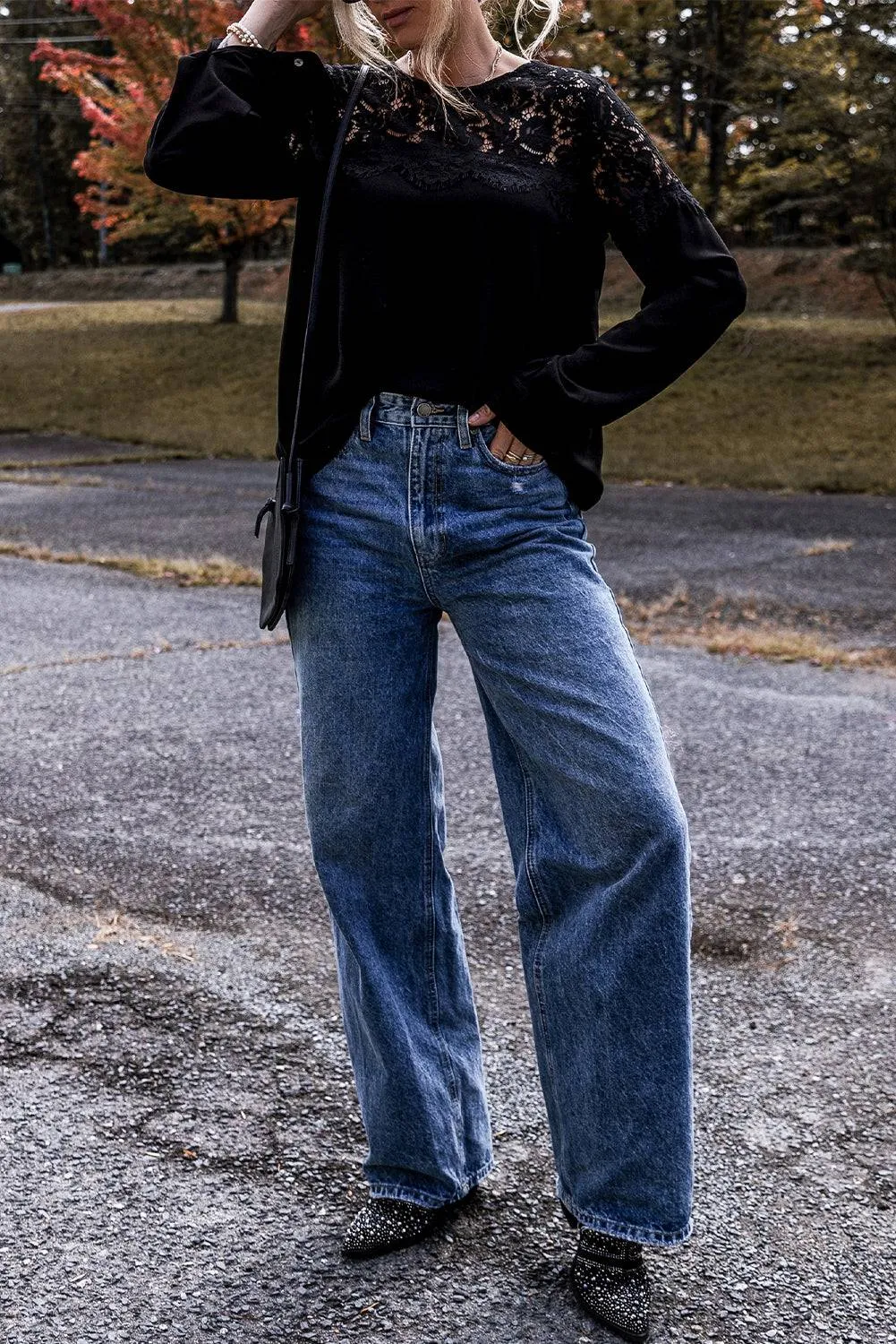 Black Lace Crochet Patchwork O Neck Long Sleeve Top sold by Beagle Boutique product image thumbnail 3