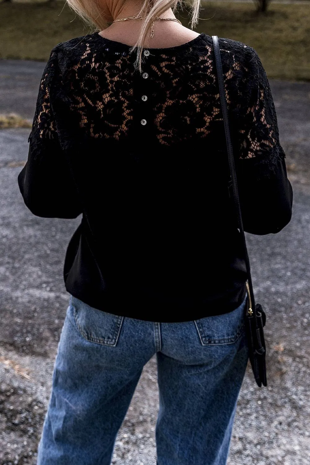 Black Lace Crochet Patchwork O Neck Long Sleeve Top sold by Beagle Boutique product image thumbnail 2