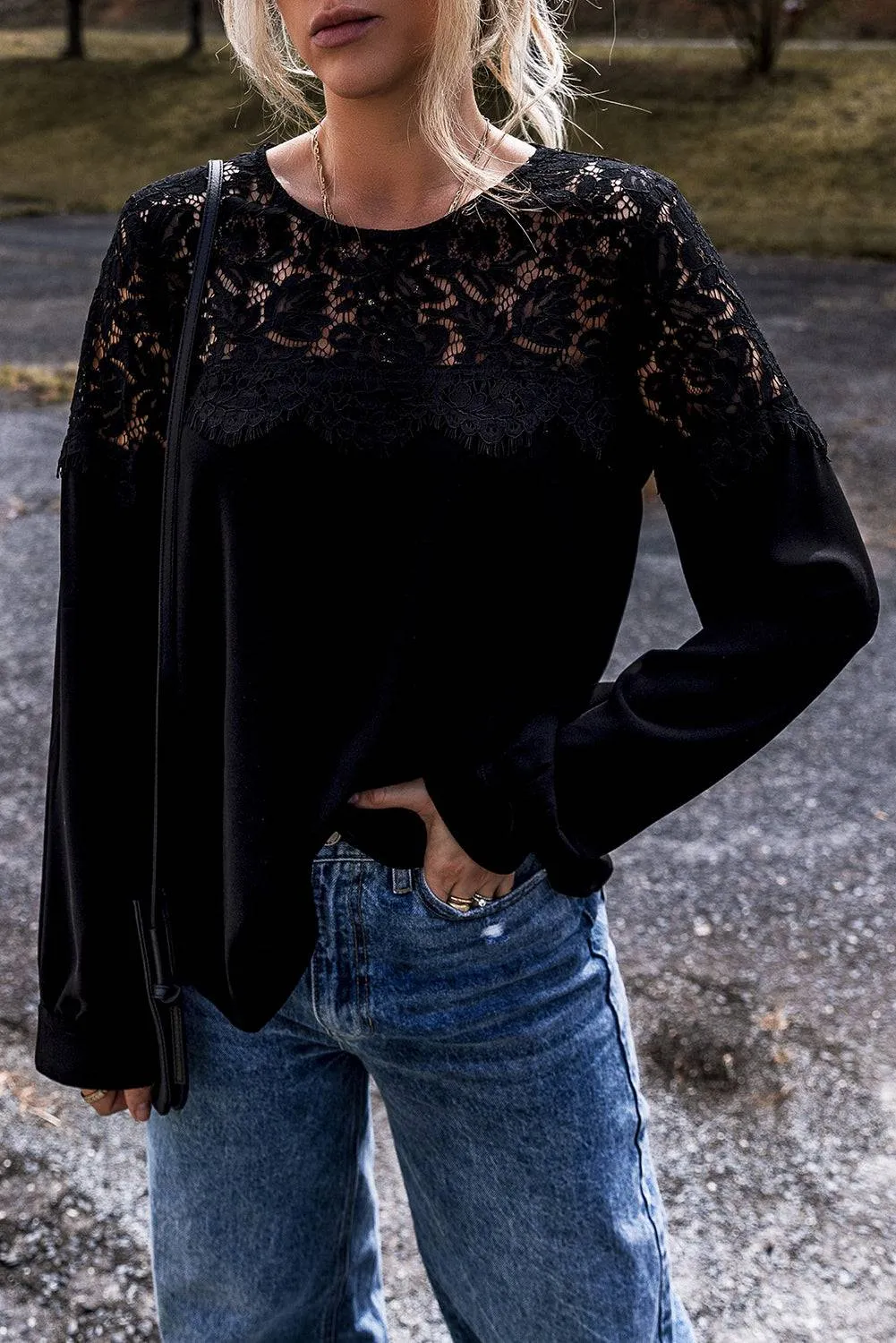 Black Lace Crochet Patchwork O Neck Long Sleeve Top sold by Beagle Boutique