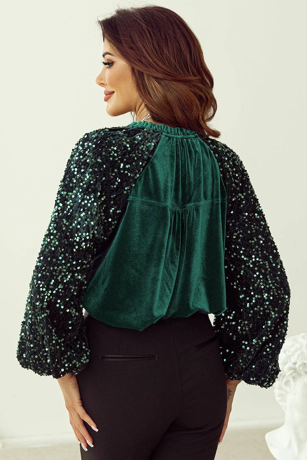 Evergreen Sequin Patchwork Sleeve Button Up Velvet Top sold by Beagle Boutique product image thumbnail 2