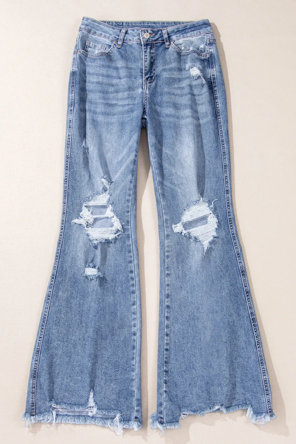 Dusk Blue High Rise Ripped Distressed Hem Flared Jeans sold by Beagle Boutique product image thumbnail 3