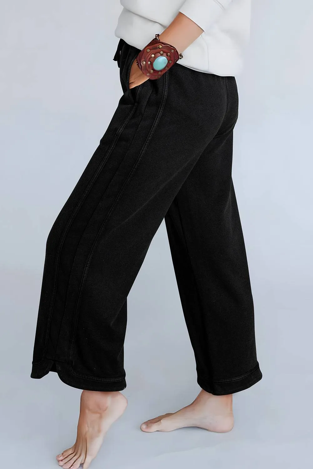 Black Mineral Wash Exposed Seam Wide Leg Pants sold by Beagle Boutique product image thumbnail 3