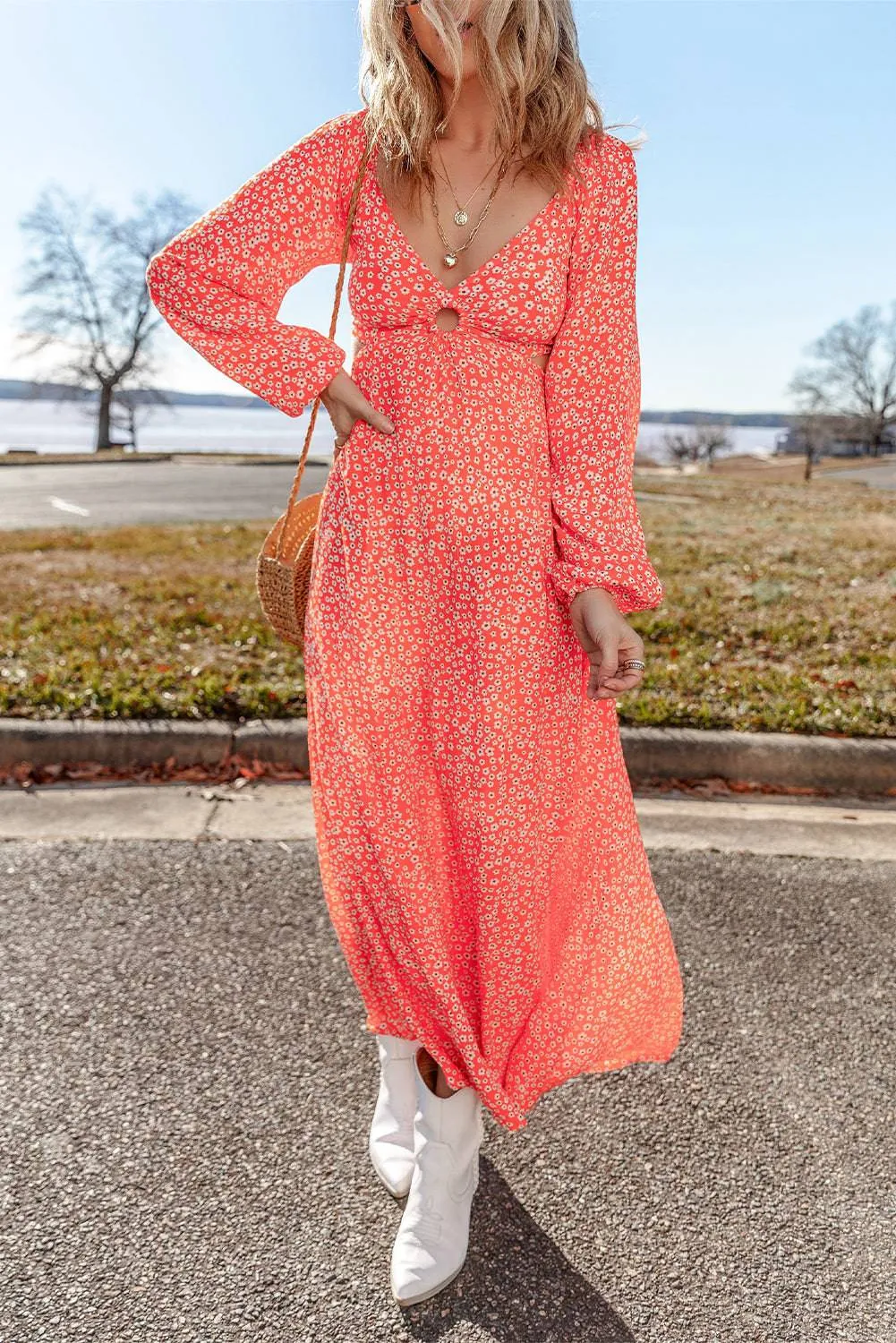 Red Floral Long Puff Sleeve V Neck Hollow Out Dress sold by Beagle Boutique product image thumbnail 3