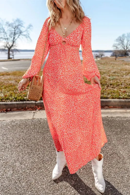 Red Floral Long Puff Sleeve V Neck Hollow Out Dress sold by Beagle Boutique