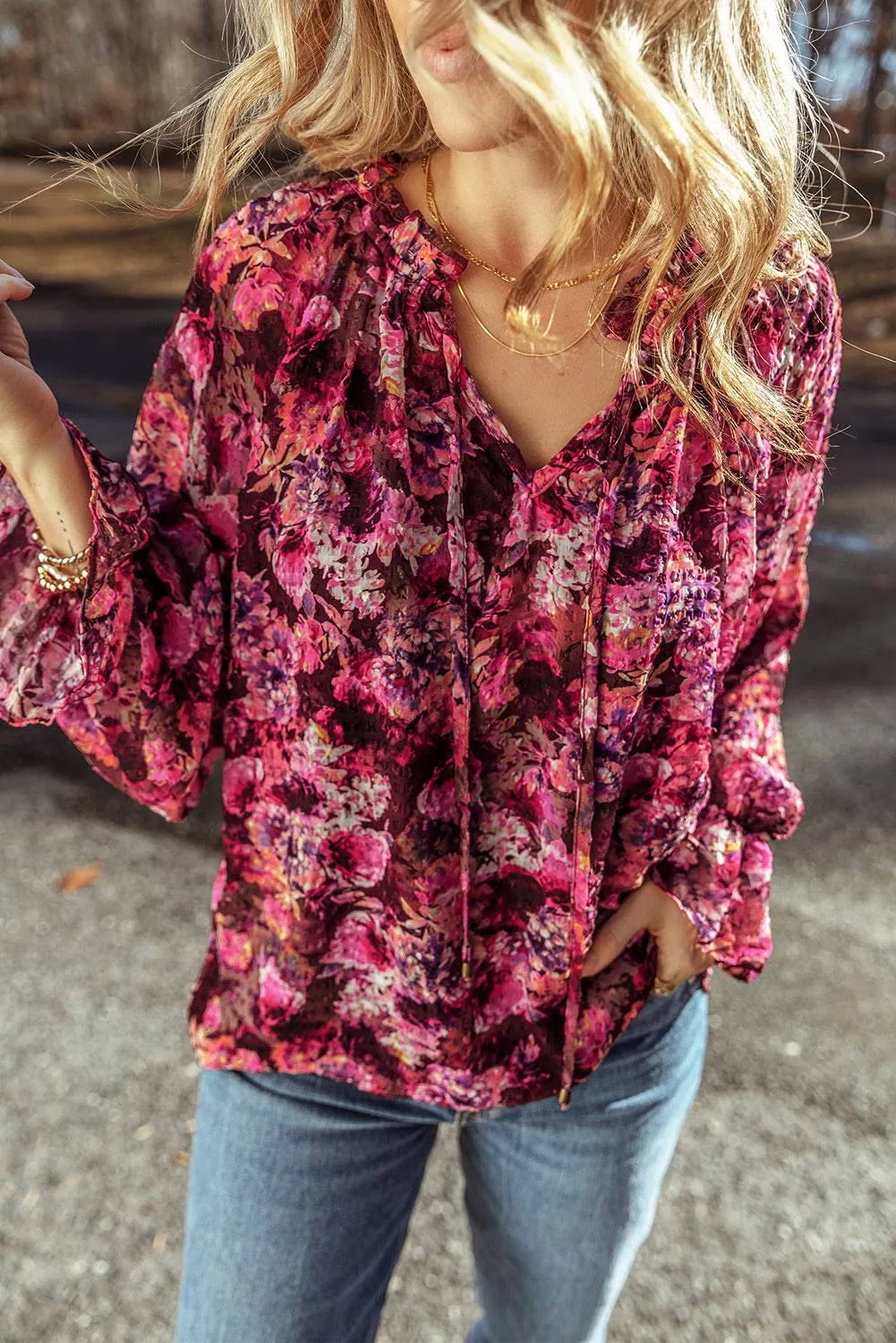 Rose Red Floral Allover Print Drawstring Ruffled V Neck Loose Blouse sold by Beagle Boutique product image thumbnail 5