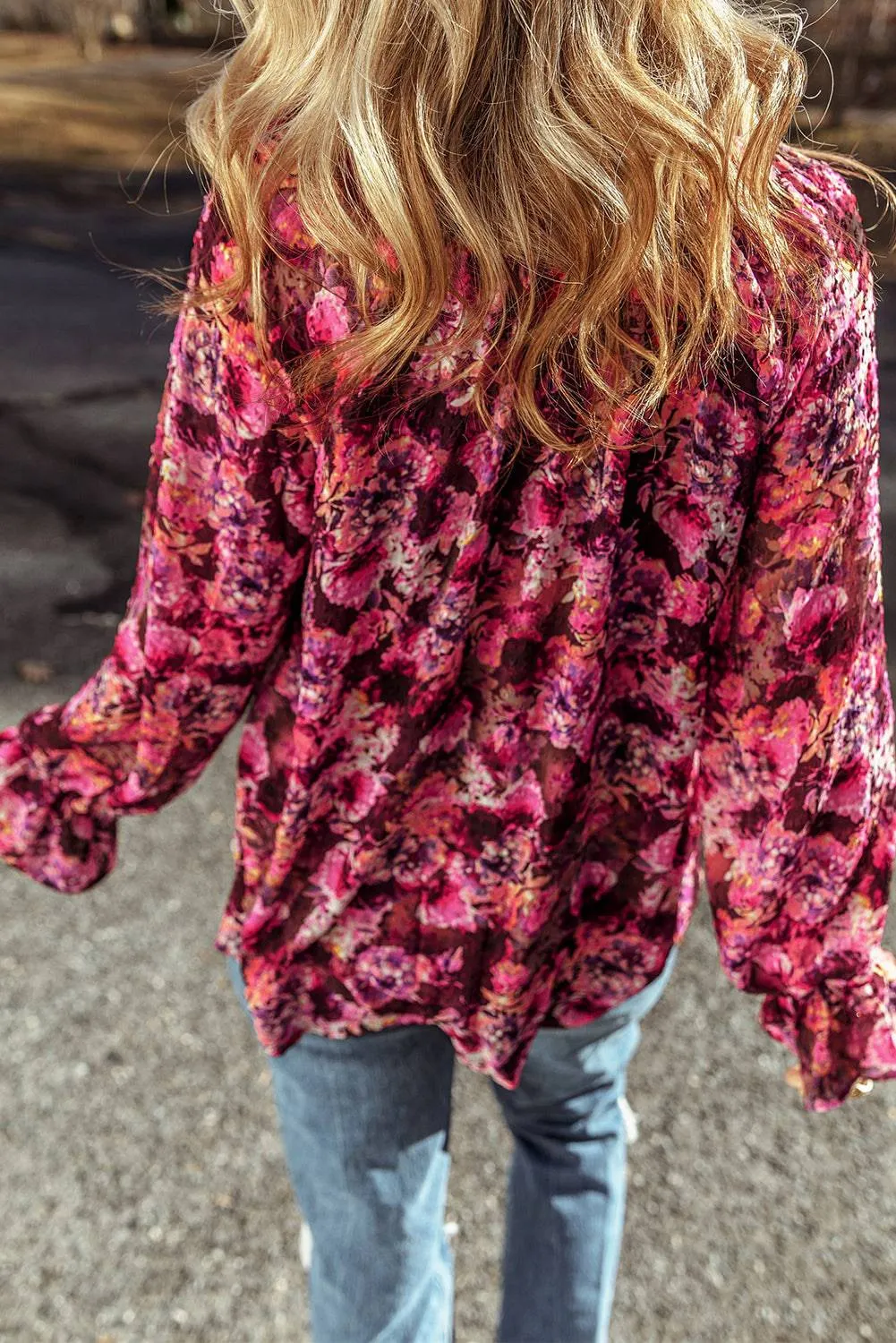 Rose Red Floral Allover Print Drawstring Ruffled V Neck Loose Blouse sold by Beagle Boutique product image thumbnail 2