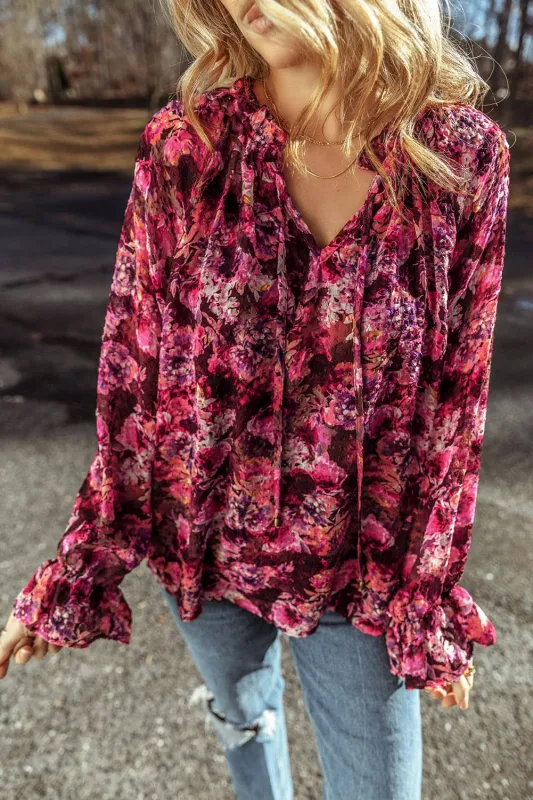 Rose Red Floral Allover Print Drawstring Ruffled V Neck Loose Blouse sold by Beagle Boutique