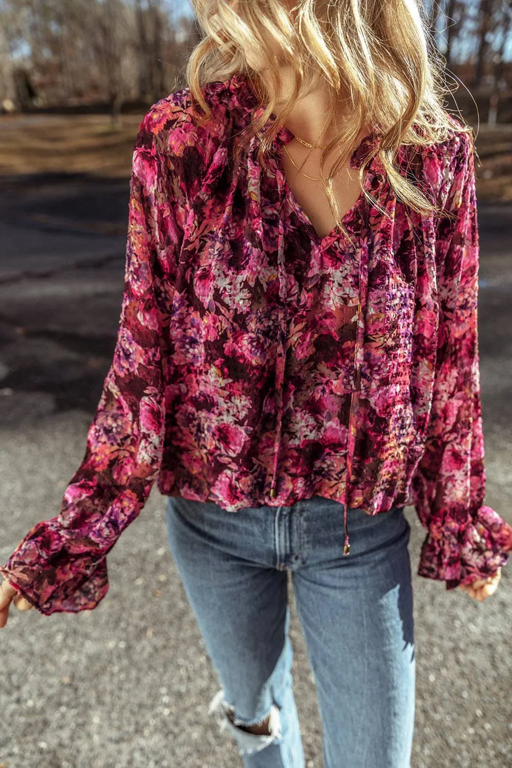 Rose Red Floral Allover Print Drawstring Ruffled V Neck Loose Blouse sold by Beagle Boutique product image thumbnail 4
