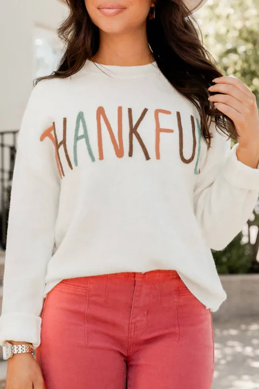 White Thankful Ivory Embroidered Sweater sold by Beagle Boutique