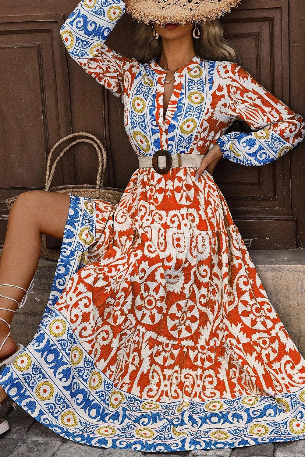 Orange Boho Geometric Printed Long Sleeve Maxi Dress sold by Beagle Boutique product image thumbnail 4