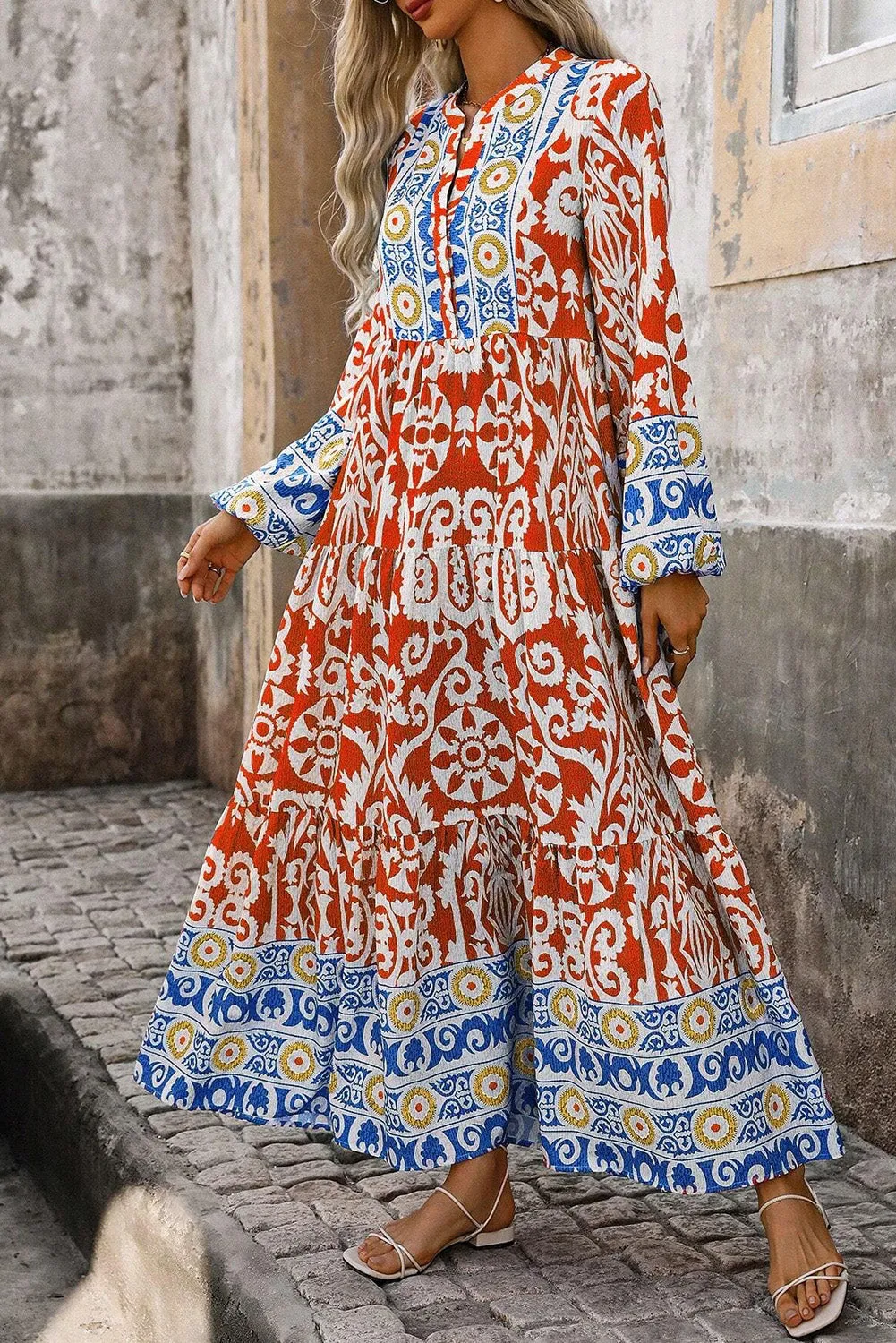 Orange Boho Geometric Printed Long Sleeve Maxi Dress sold by Beagle Boutique product image thumbnail 5