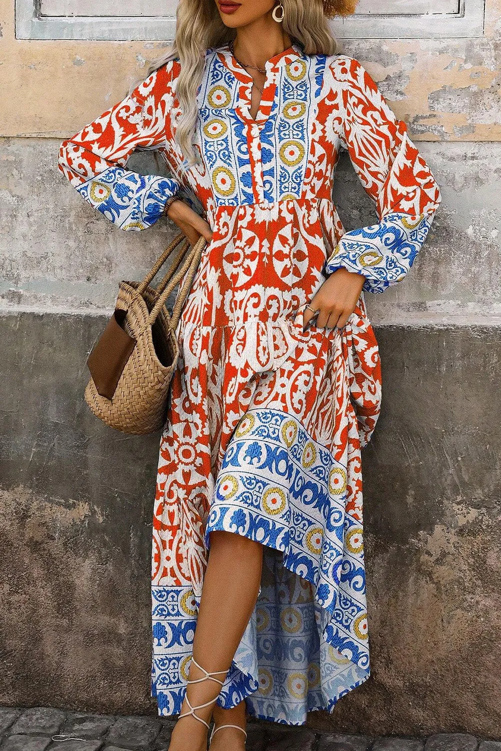 Orange Boho Geometric Printed Long Sleeve Maxi Dress sold by Beagle Boutique product image thumbnail 3