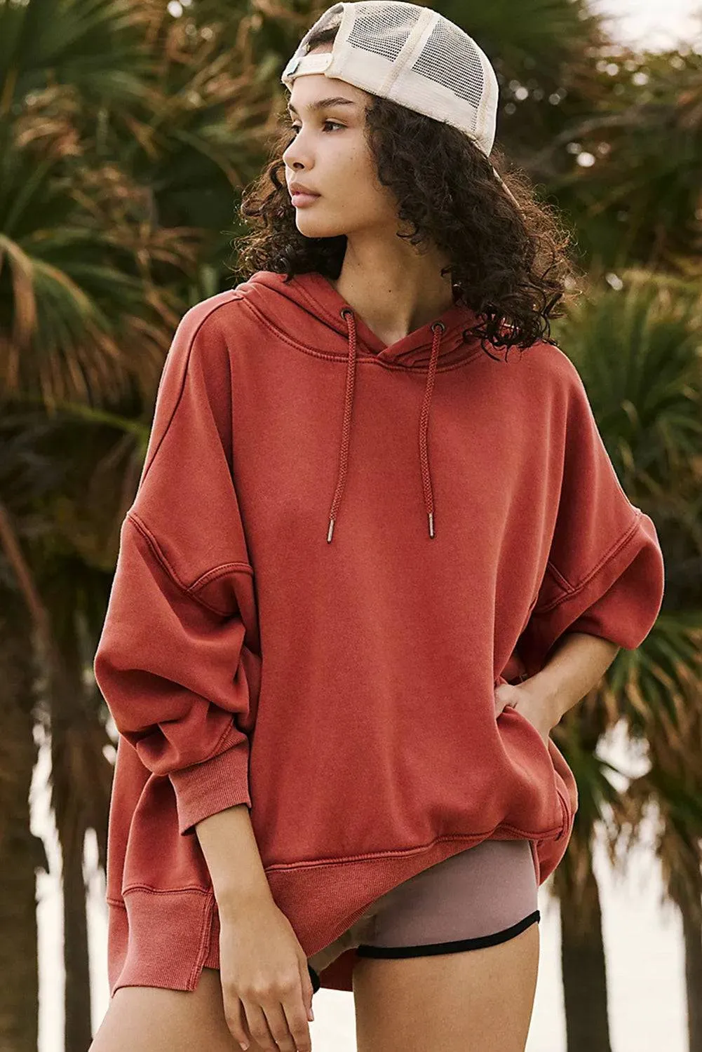 Red Clay Drop Shoulder Pocketed Baggy Drawstring Hoodie sold by Beagle Boutique product image thumbnail 5