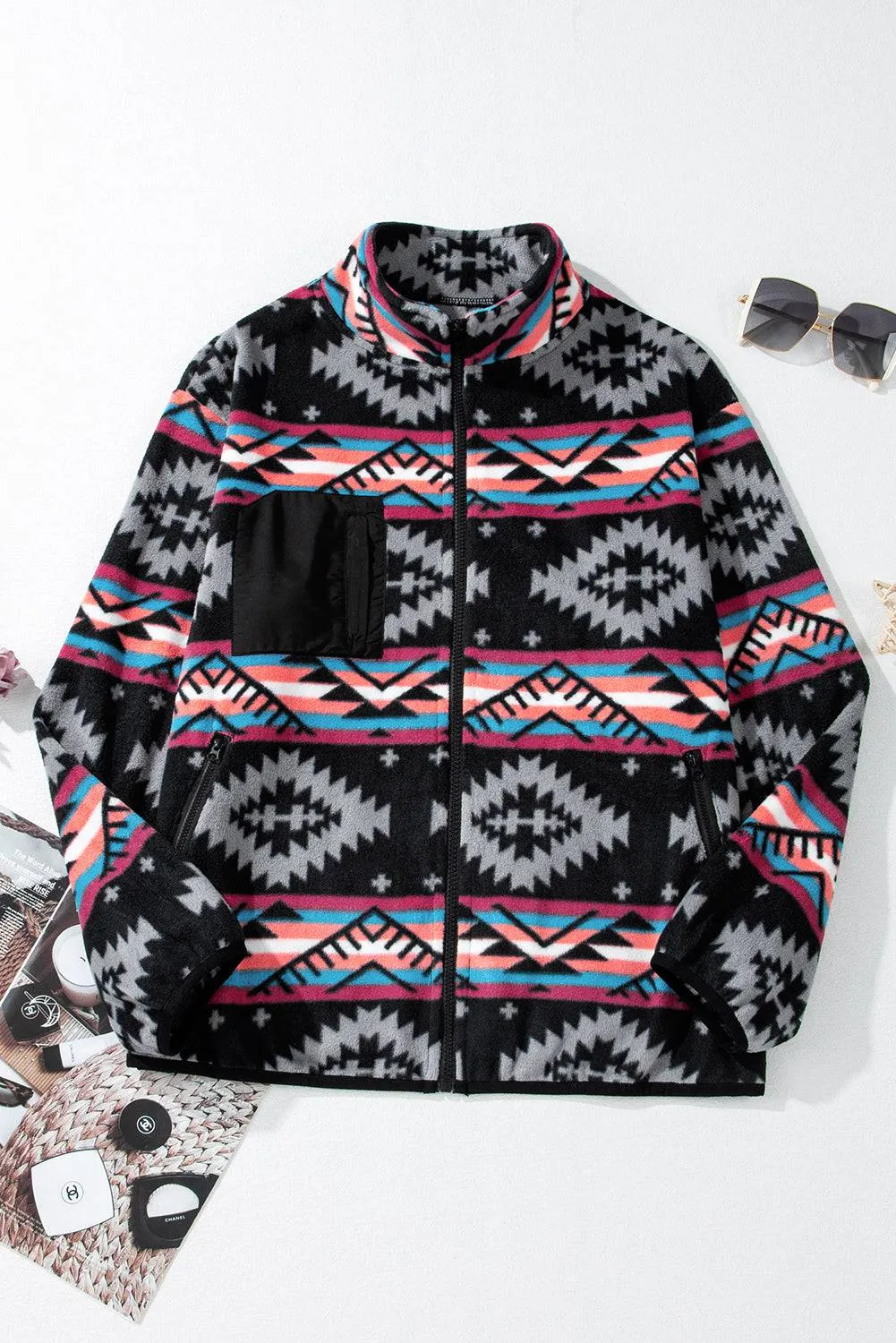 Black Aztec Printed Zip Up Collar Jacket sold by Beagle Boutique product image thumbnail 5