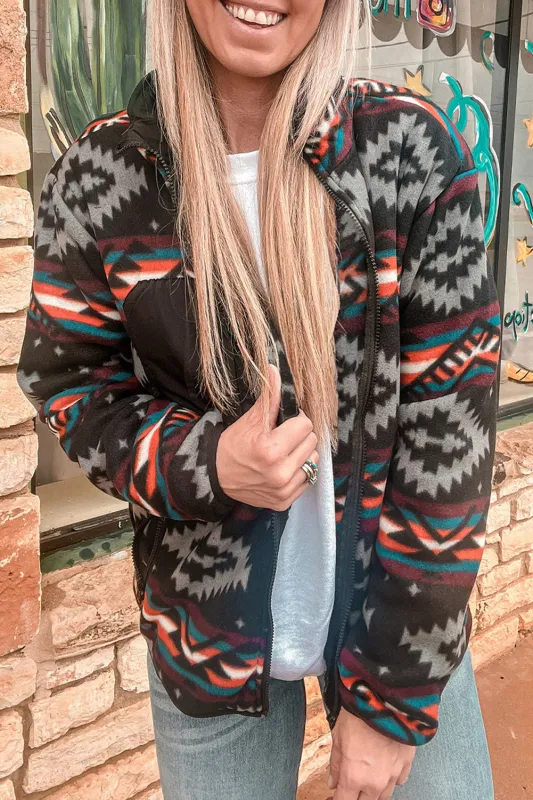 Black Aztec Printed Zip Up Collar Jacket sold by Beagle Boutique