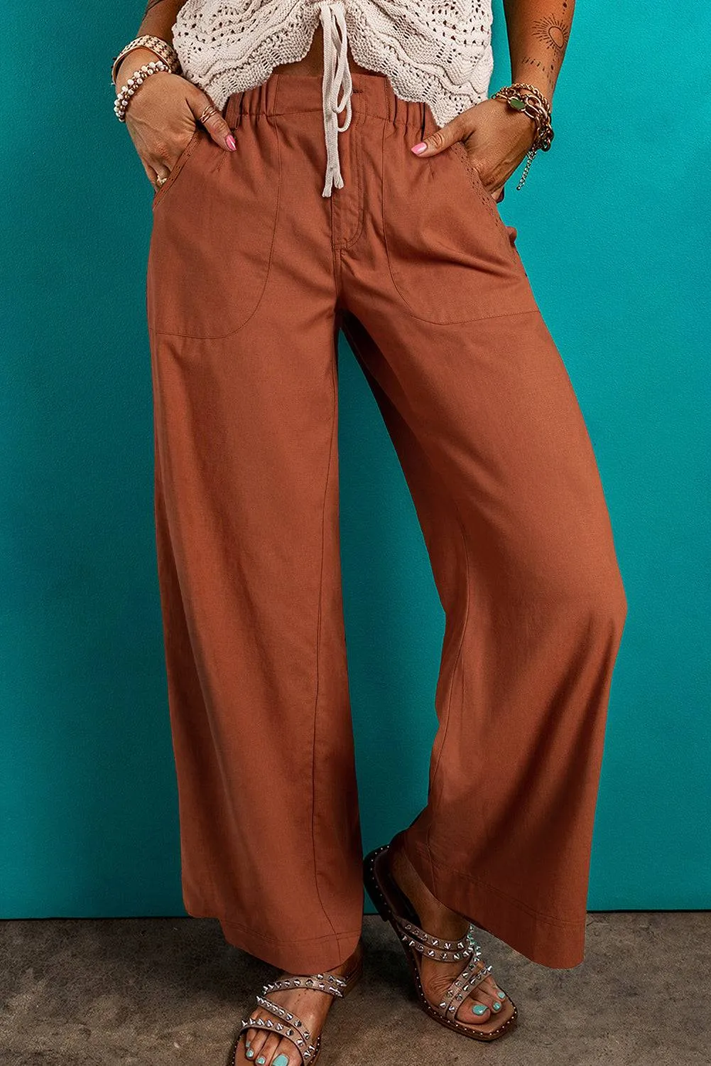 Red Dahlia Elastic Waist Pocketed Casual Straight Leg Trousers sold by Beagle Boutique