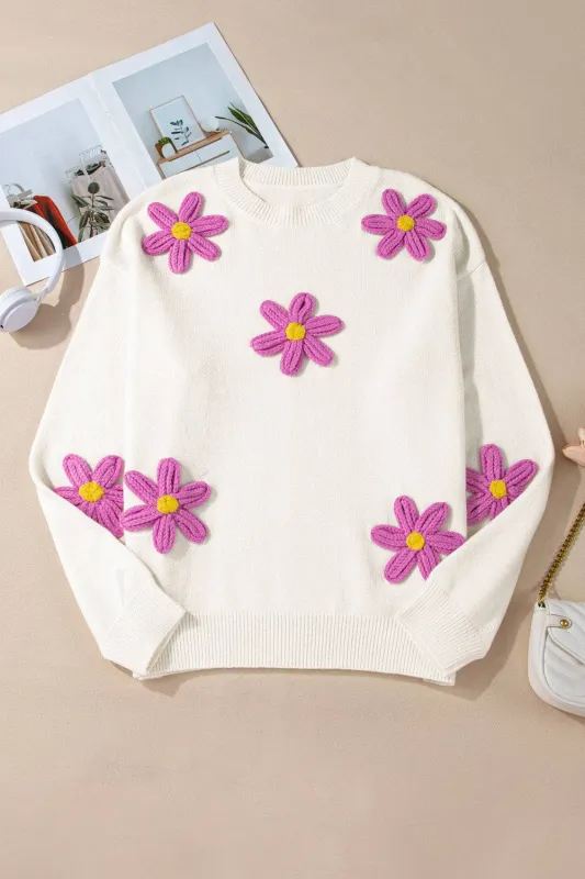 White Plus Size Flower Crochet Drop Shoulder Knit Sweater sold by Beagle Boutique