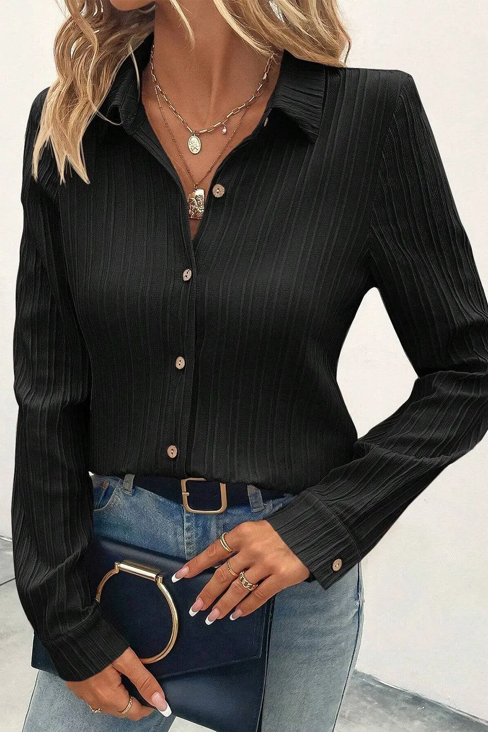 Black Solid Color Textured Buttoned Turn Down Collar Shirt sold by Beagle Boutique product image thumbnail 3