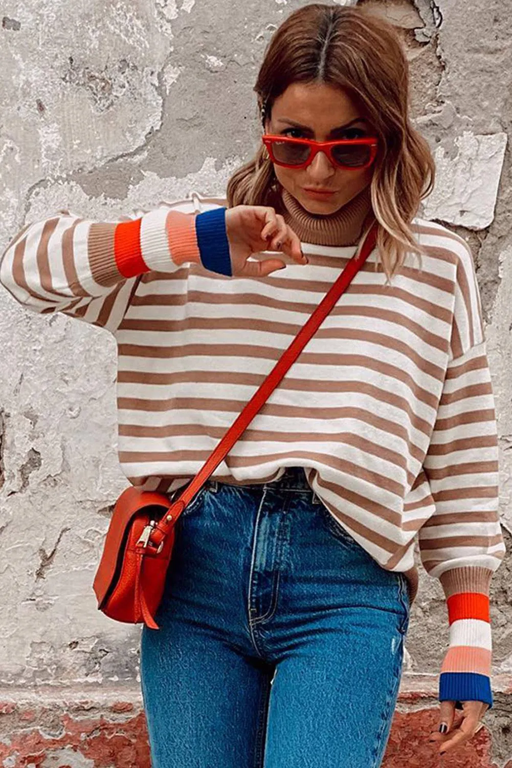 Brown Stripe Colourblock Bishop Sleeve Turtleneck Sweater sold by Beagle Boutique product image thumbnail 3