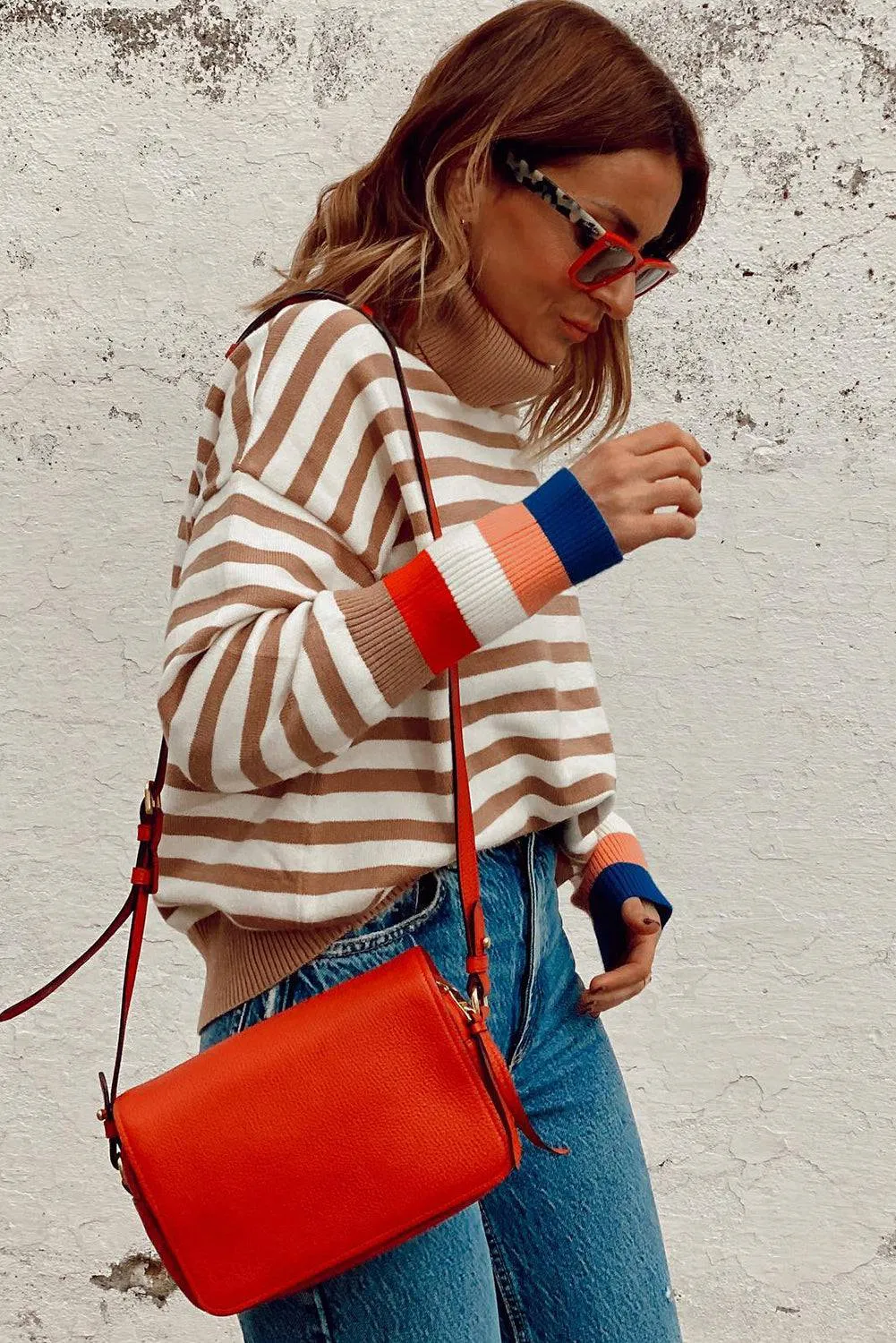 Brown Stripe Colourblock Bishop Sleeve Turtleneck Sweater sold by Beagle Boutique product image thumbnail 2