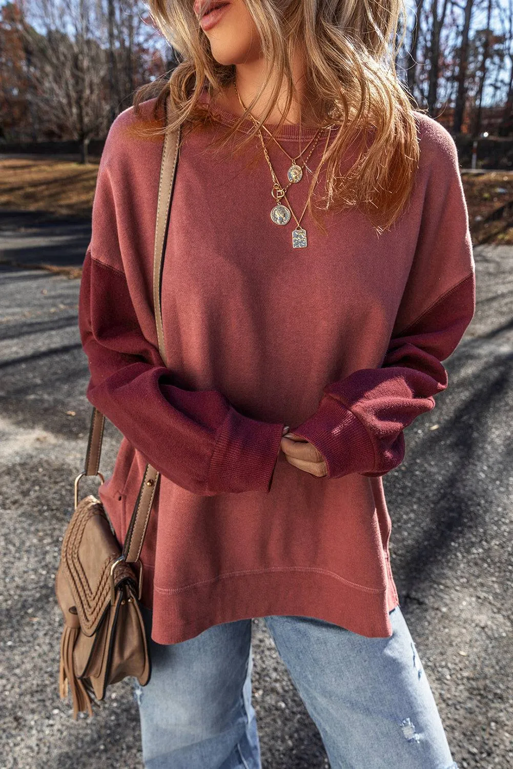 Mineral Red Two Tone Patchwork Drop Shoulder Pullover Sweatshirt sold by Beagle Boutique product image thumbnail 4