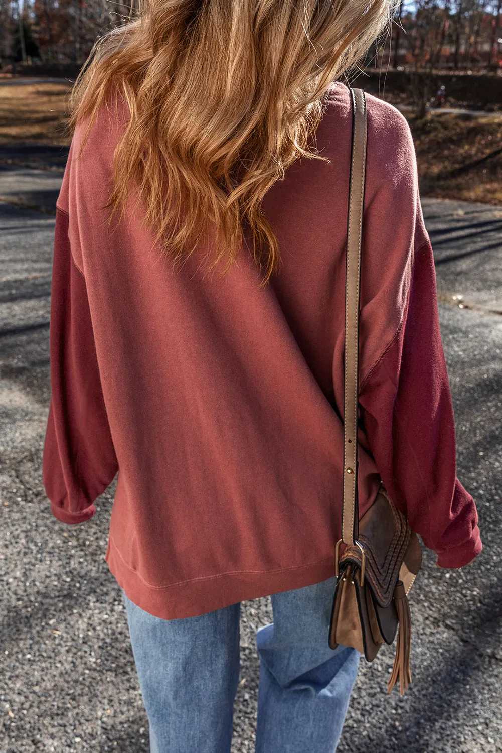 Mineral Red Two Tone Patchwork Drop Shoulder Pullover Sweatshirt sold by Beagle Boutique product image thumbnail 3