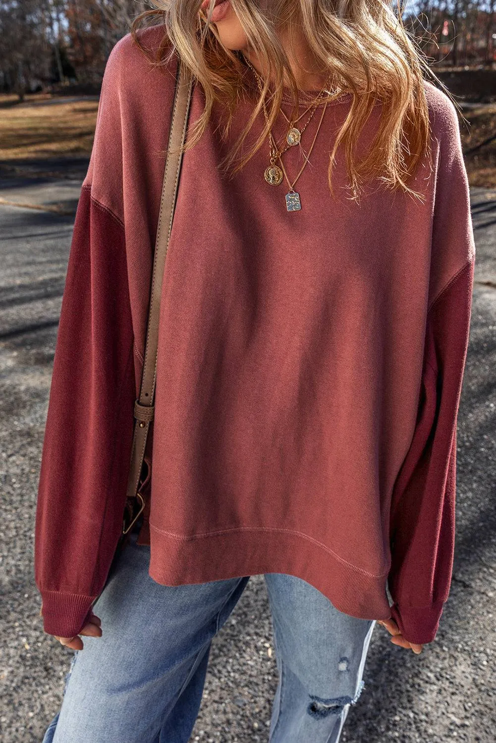 Mineral Red Two Tone Patchwork Drop Shoulder Pullover Sweatshirt sold by Beagle Boutique