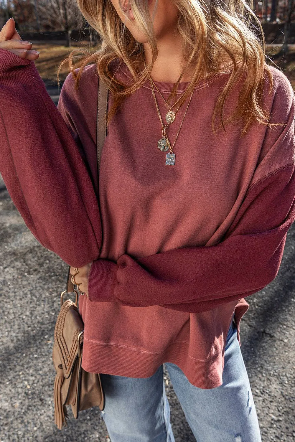Mineral Red Two Tone Patchwork Drop Shoulder Pullover Sweatshirt sold by Beagle Boutique product image thumbnail 2