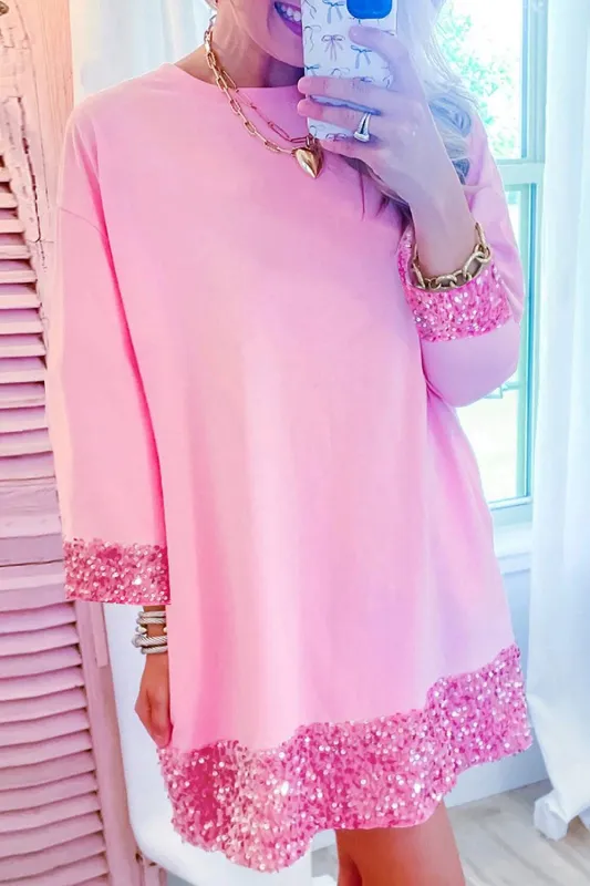 Bonbon Sequin Trim Bracelet Sleeve Shift Crew Neck Short Dress sold by Beagle Boutique