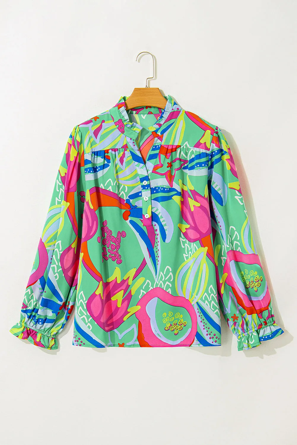 Green Abstract Printed Flounce Sleeve V Neck Buttoned Plus Size Blouse sold by Beagle Boutique