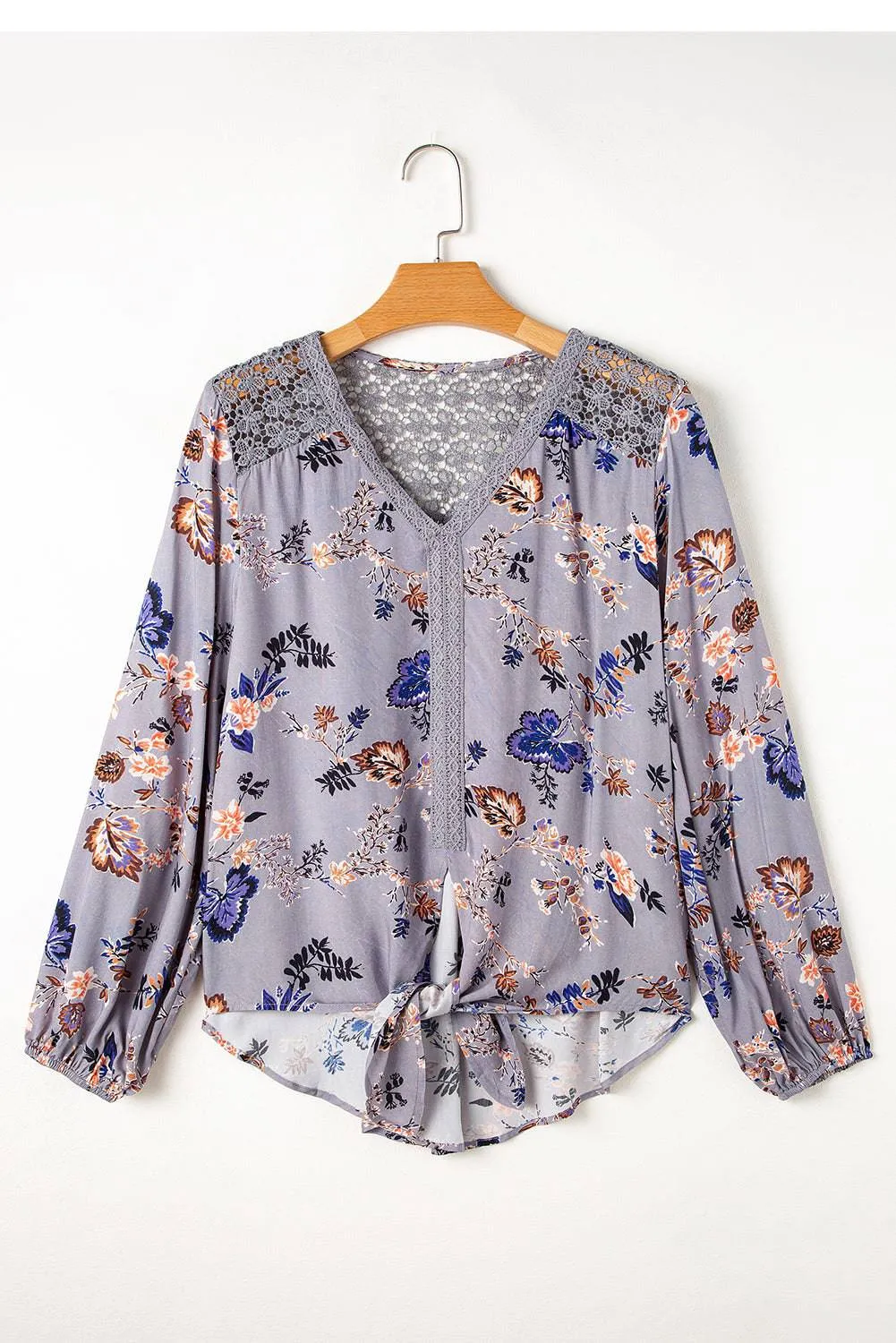 Sky Blue Floral Print Lace Patchwork Knot Front V Neck Blouse sold by Beagle Boutique product image thumbnail 4