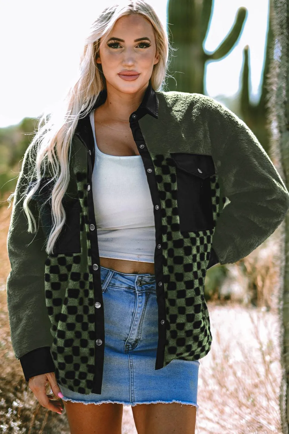 Vineyard Green Fleece Checkerboard Flap Pocket Snap Button Jacket sold by Beagle Boutique product image thumbnail 2
