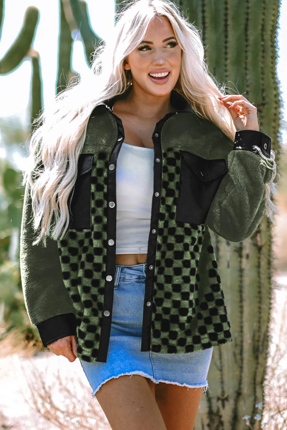 Vineyard Green Fleece Checkerboard Flap Pocket Snap Button Jacket sold by Beagle Boutique