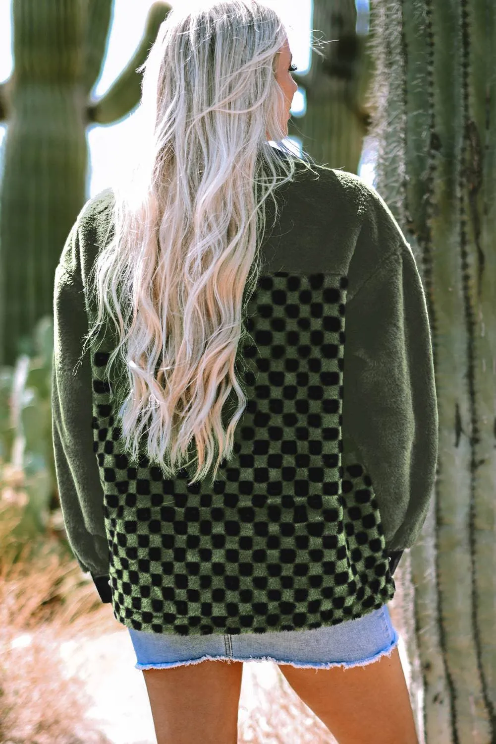 Vineyard Green Fleece Checkerboard Flap Pocket Snap Button Jacket sold by Beagle Boutique product image thumbnail 3