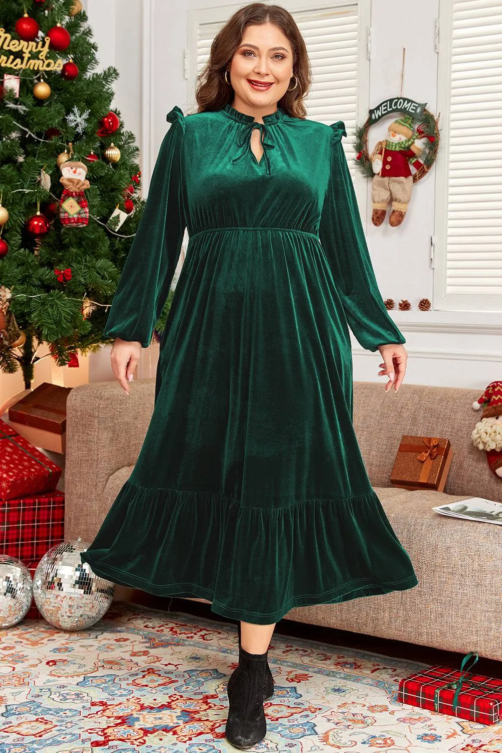 Blackish Green Velvet Frilled up Neck Ruffled High Waist Plus Size Midi Dress sold by Beagle Boutique product image thumbnail 5