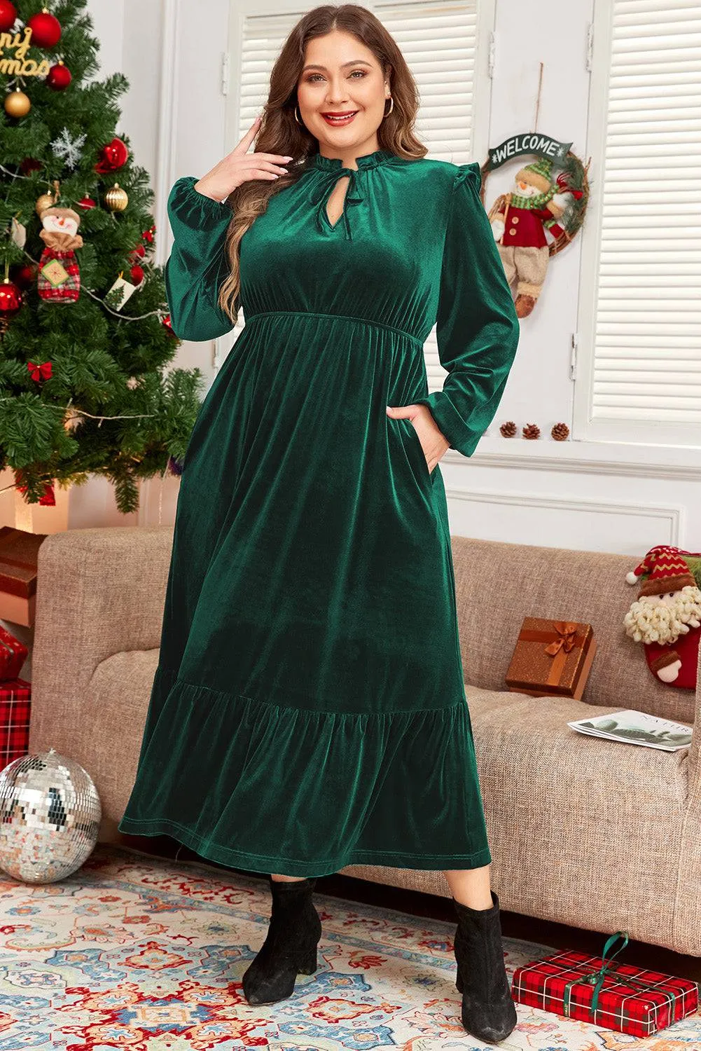 Blackish Green Velvet Frilled up Neck Ruffled High Waist Plus Size Midi Dress sold by Beagle Boutique product image thumbnail 4