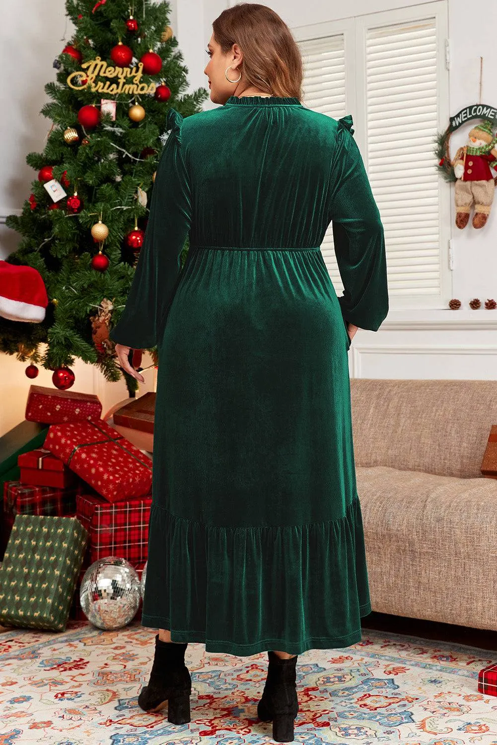 Blackish Green Velvet Frilled up Neck Ruffled High Waist Plus Size Midi Dress sold by Beagle Boutique product image thumbnail 2