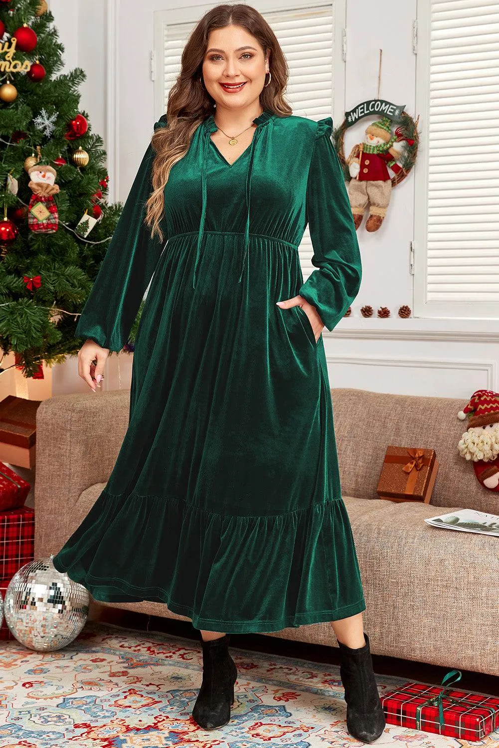 Blackish Green Velvet Frilled up Neck Ruffled High Waist Plus Size Midi Dress sold by Beagle Boutique product image thumbnail 3