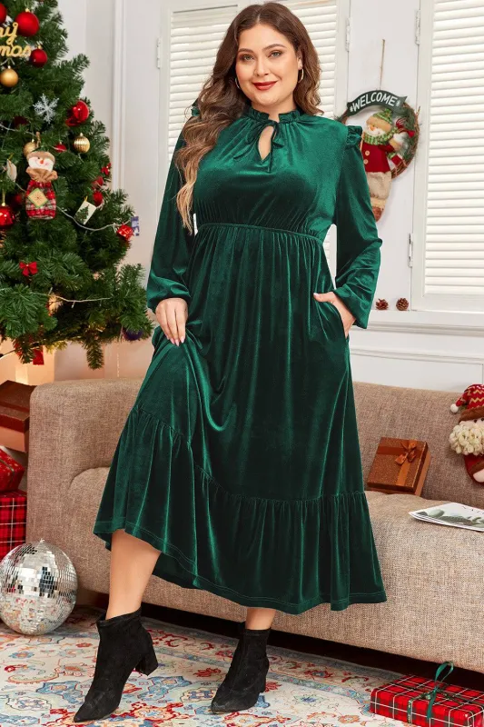 Blackish Green Velvet Frilled up Neck Ruffled High Waist Plus Size Midi Dress sold by Beagle Boutique