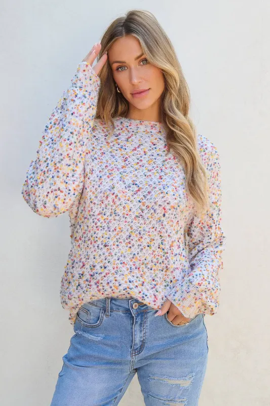 White Confetti Knit Popcorn Sweater Top sold by Beagle Boutique