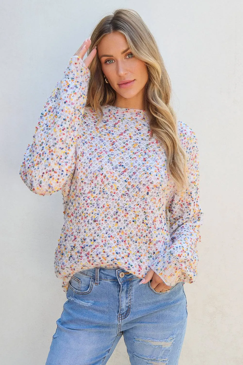 White Confetti Knit Popcorn Sweater Top sold by Beagle Boutique