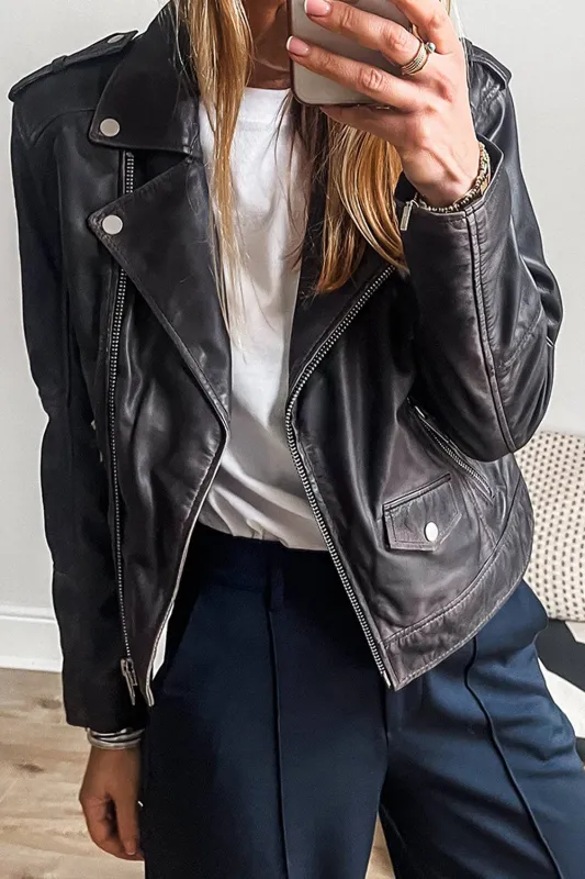 Black PU Leather Lapel Collar Zipper Jacket sold by Beagle Boutique