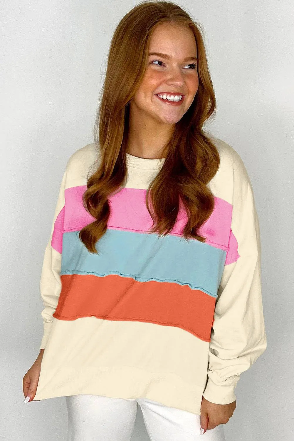 White Colorblock Patchwork Crewneck Drop Shoulder Sweatshirt sold by Beagle Boutique product image thumbnail 2