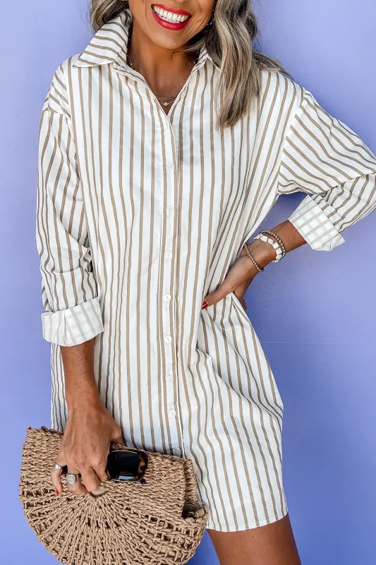 Khaki Stripe Long Sleeve Button Up Mini Shirt Dress sold by Beagle Boutique